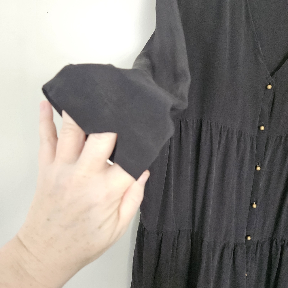 Sezane Aura Black 100% Silk Tiered Mini Dress Button Front Size 44/L - Picture 6 of 9